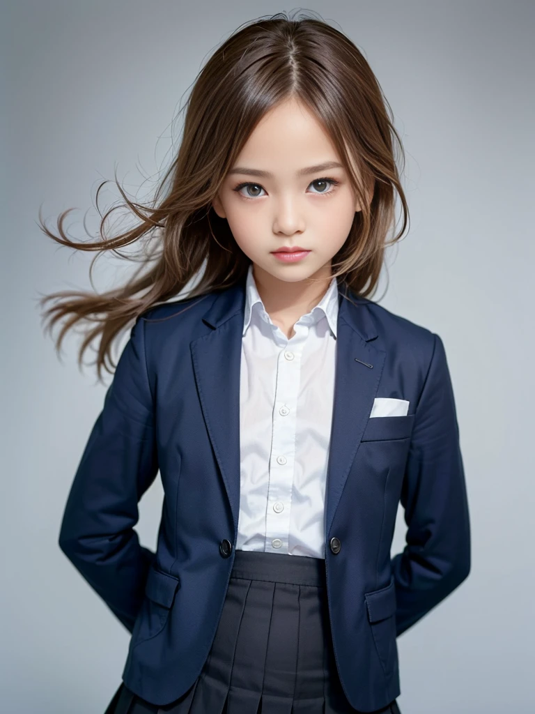 (masterpiece, highest quality:1.4), Award-winning portraits, 8k, 85mm, alone, Beautiful Face, Delicate girl, , (Dark navy blazer jacket, Put your arms behind your back, Close your face:1.2), Dark Navy Skirt, Long sleeve, Sophisticated, cute, , Looking at the audience, 15 yW Photos, Confused, High resolution, Sharp focus, Background blur、(((Flat 、thin and delicate body、Childish atmosphere)))、shiny semi-long hair、ponytail、Mole on the left cheek、 Dark blue eyes、Random Pause、the skirt is swaying in the wind、Hair swaying in the wind、sexy