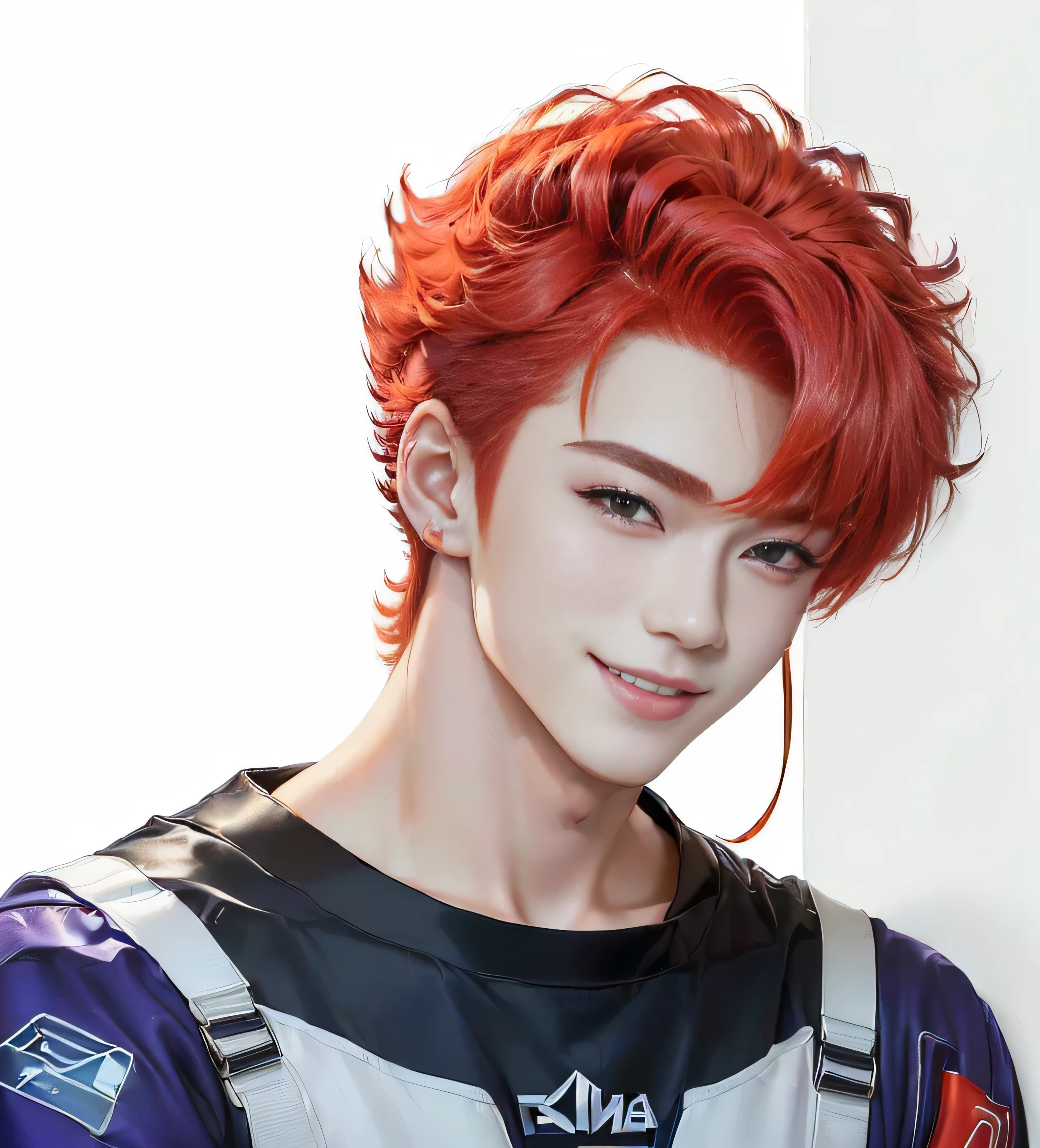 (((Image of face of young single very handsome 22 year old man, o homem mais bonito do mundo!!, hair is red, his skin is very white, olhos cor castanhos, corpo muscular!!, sarado, strong arms!!, he is tall he is 1.86 metros de altura, estilo anime, astro de k-pop, inspirado em Moonbin do grupo de Kpop Astro!!))),((He is smiling attractively)), (((vestindo))), (((red gradient hair))), (((rosto de lado olhando para cima)))