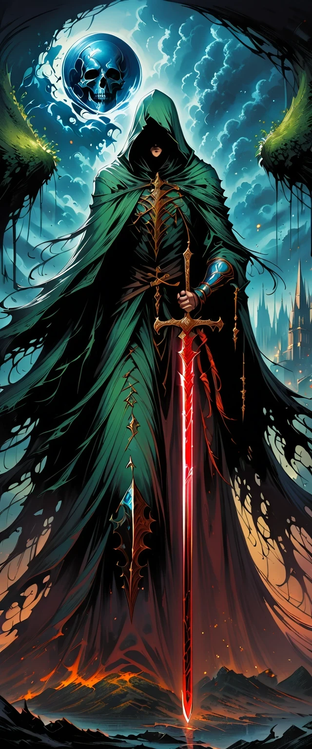 Magic Sword,The legendary Magic Sword,Glory Magic Sword,Magic Sword,Heavy Metal Style,Metal Art,Full of metallic luster,Metal texture in the post-industrial era,Alloy wire crafts,crystal,Emerald setting,Well structured,Perfect craftsmanship,Magic Lightning Background,Blue Lightning,There are fairies,Dark Fantasy Art, dark flower shaman, Dark fantasy concept art, Bloodborne concept art, dark concept art, Diablo digital concept art, Dark Fantasy Art style, dark flowers, Bloodborne Art, photorealistic dark concept art,Dark Fantasy Art, Death Portrait, Onmyoji detailed art, Beautiful wizard, Ominous fantasy illustration,(best quality,4K,8k,high resolution,masterpiece:1.2),Ultra Detailed,(actual,Realistically,Realistically:1.37),landscape,Science fiction,photography,Concept Artist, High Dynamic Range,Ultra HD,Studio Lighting,very good,Key Points,Physically Based Rendering,Extremely detailed description,professional,Vibrant colors,Bokeh.