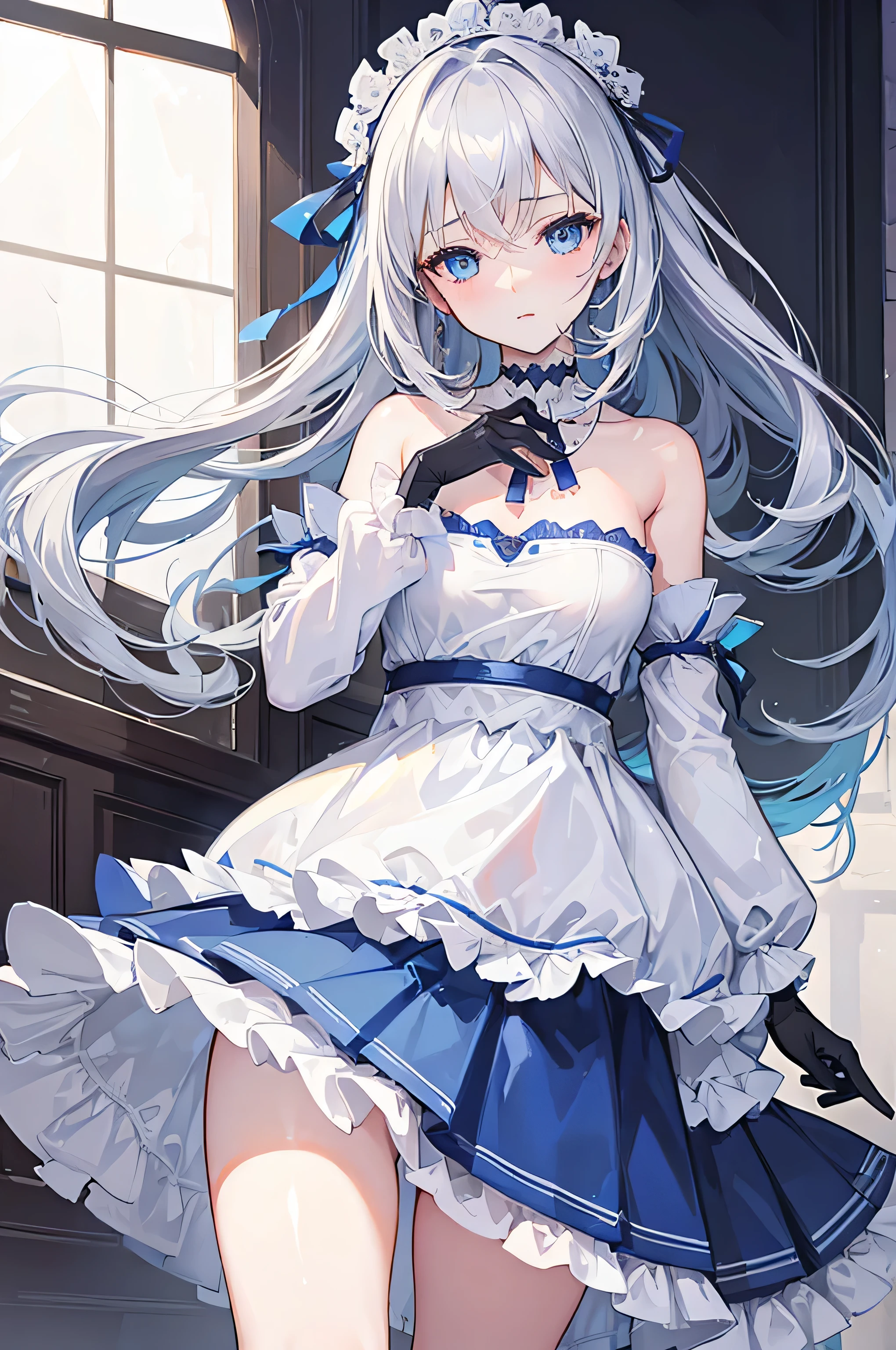 (8k, highest quality, masterpiece:1.2),(Blue colored eyes),((Garment Details)),High quality CG Unity 8k, concentrated, Realistic, Shadow, Soft lighting, Cowboy Shot, Gray Hair, Flutter Hair, nice, A gentle smile, village girl, High Waist Skirt, White Skirt, Long sleeve, ribbon, White Dress, gloves, Choker Noble Necklace, (Sexual pleasure expression:1.4), (Semen overflow:1.5),whole body