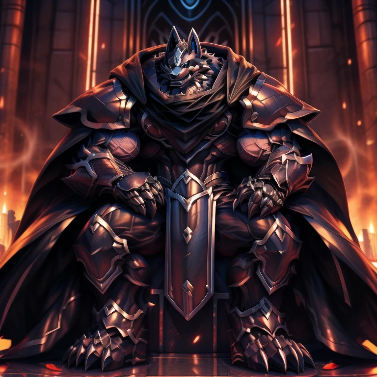 (masterpiece, best quality, detailed:1.2) (Pokémon) LUCARIO, detailed full body, a knight's mechanical armor, glowing wide and heavy armor, wears full body armor. massive muscles, huge pecs, chiseled abs, huge pectorals, exaggeratedly huge muscles. wearing a cloak. unusually developed muscular body big muscle, pecs, triceps, traps, waist narrow, unusually developed muscular body, Dark knight, BlackKnight_fe, The claws are sharp, Sharp teeth, He wears a black cloak on his back. sitting on the throne,