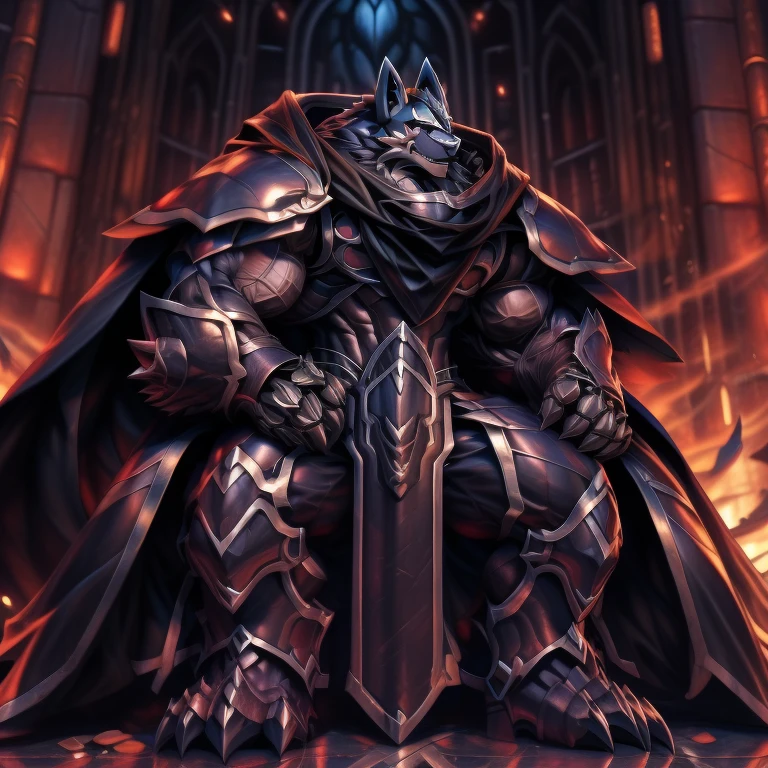 (masterpiece, best quality, detailed:1.2) (Pokémon) LUCARIO, detailed full body, a knight's mechanical armor, glowing wide and heavy armor, wears full body armor. massive muscles, huge pecs, chiseled abs, huge pectorals, exaggeratedly huge muscles. wearing a cloak. unusually developed muscular body big muscle, pecs, triceps, traps, waist narrow, unusually developed muscular body, Dark knight, BlackKnight_fe, The claws are sharp, Sharp teeth, He wears a black cloak on his back. sitting on the throne,