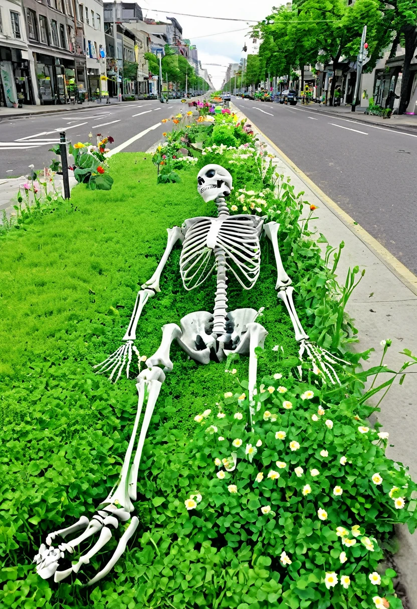 X-ray of Skeleton on a city street with flowers and grass