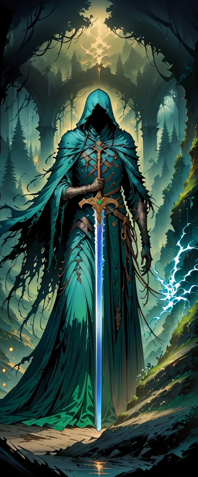 Magic Sword,The legendary Magic Sword,Glory Magic Sword,Magic Sword,Heavy Metal Style,Metal Art,Full of metallic luster,Metal texture in the post-industrial era,Alloy wire crafts,crystal,Emerald setting,Well structured,Perfect craftsmanship,Magic Lightning Background,Blue Lightning,There are fairies,Dark Fantasy Art, dark flower shaman, Dark fantasy concept art, Bloodborne concept art, dark concept art, Diablo digital concept art, Dark Fantasy Art style, dark flowers, Bloodborne Art, photorealistic dark concept art,Dark Fantasy Art, Death Portrait, Onmyoji detailed art, Beautiful wizard, Ominous fantasy illustration,(best quality,4K,8k,high resolution,masterpiece:1.2),Ultra Detailed,(actual,Realistically,Realistically:1.37),landscape,Science fiction,photography,Concept Artist, High Dynamic Range,Ultra HD,Studio Lighting,very good,Key Points,Physically Based Rendering,Extremely detailed description,professional,Vibrant colors,Bokeh.