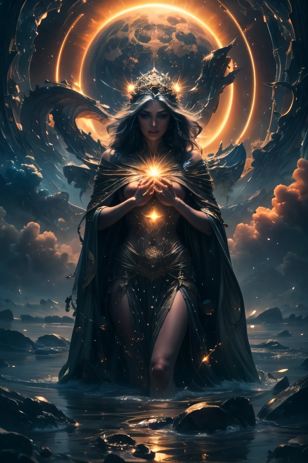 A surreal depiction of Nyx, the Greek goddess of the night, standing tall in a vast, starlit landscape. Nyx is portrayed as a stunning woman with flowing hair made of swirling galaxies, her cloak billowing out like tendrils of darkness. She stands with an aura of power and mystery, surrounded by ethereal beings representing sleep and death. In the foreground, a river of shadows winds its way through the scene, reflecting the shimmering stars above. The middle ground showcases ancient ruins half-shrouded in mist, hinting at the passage of time in Nyx's realm. In the background, distant mountains loom under a sky ablaze with constellations, creating a sense of vastness and wonder. The scene is bathed in a soft, otherworldly glow, emphasizing Nyx's celestial nature and enigmatic presence. The overall mood is both captivating and eerie, evoking a sense of reverence for the goddess of the night. The style is surreal and fantastical, with a blend of cosmic and mythological elements, creating a dreamlike atmosphere.