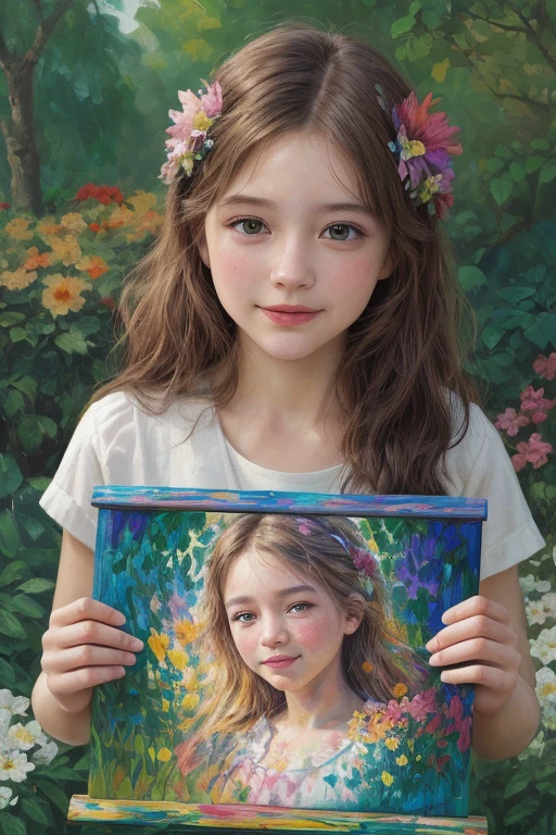 a girl painting in a colorful garden,oil painting,detailed flowers, vibrant colors, fine brushstrokes,soft lighting,beautiful detailed eyes,beautiful detailed lips,an easel with canvas,artistic expression,happy and focused expression,a vivid palette,loose brushwork,impressionistic style