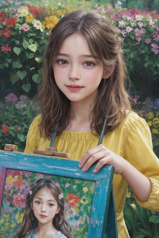 a girl painting in a colorful garden,oil painting,detailed flowers, vibrant colors, fine brushstrokes,soft lighting,beautiful detailed eyes,beautiful detailed lips,an easel with canvas,artistic expression,happy and focused expression,a vivid palette,loose brushwork,impressionistic style