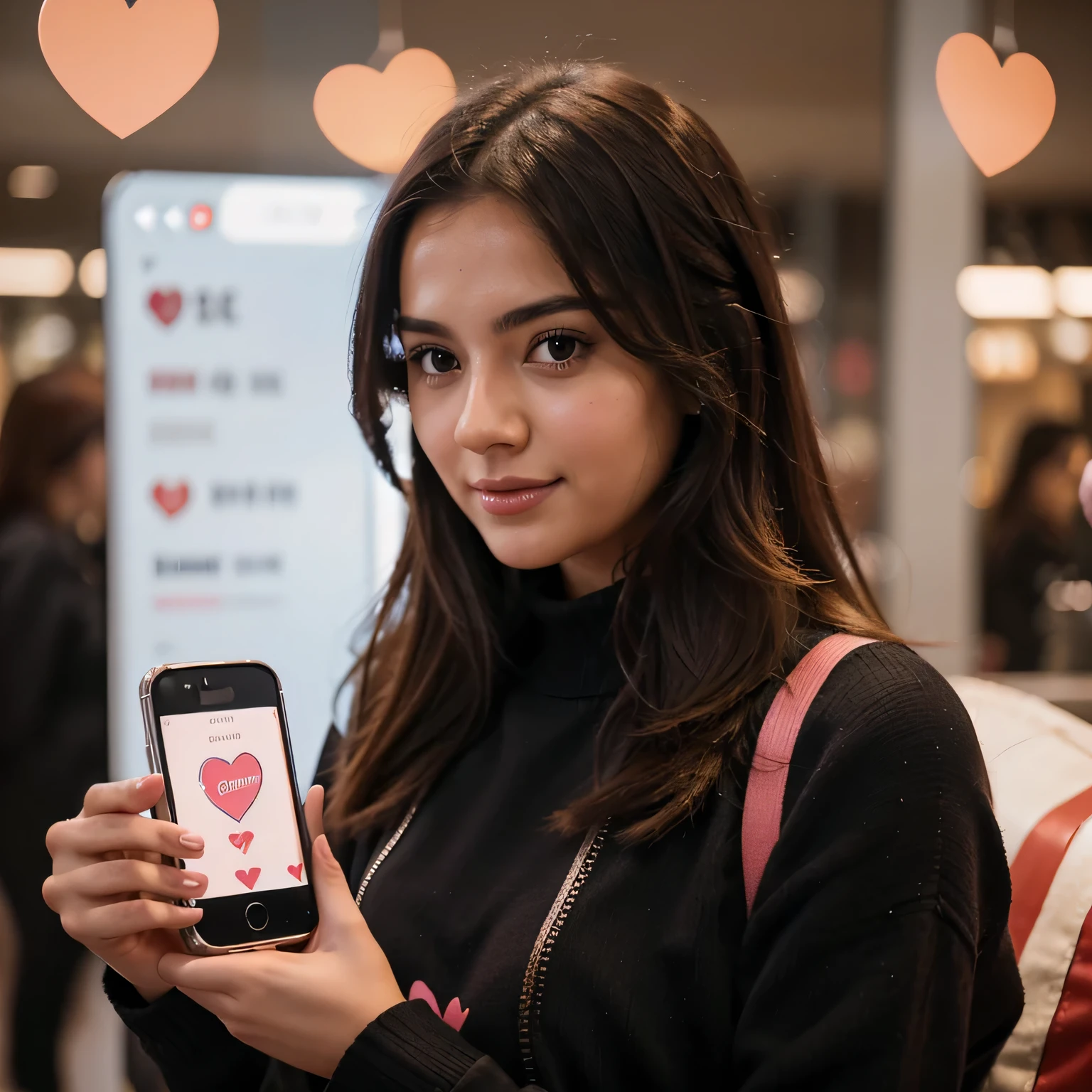 A creative illustration depicting a beautiful girl holding a smartphone with a dating app open. The girl is swiping right and hearts are flying out of the screen.
