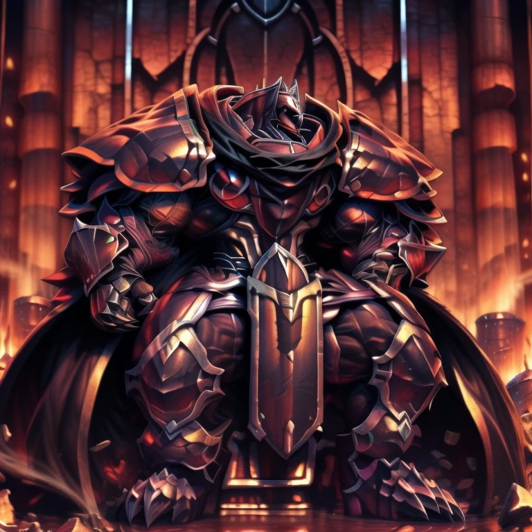 (masterpiece, best quality, detailed:1.2) (Pokémon) LUCARIO, detailed full body, a knight's mechanical armor, glowing wide and heavy armor, wears full body armor. massive muscles, huge pecs, chiseled abs, huge pectorals, exaggeratedly huge muscles. wearing a cloak. unusually developed muscular body big muscle, pecs, triceps, traps, waist narrow, unusually developed muscular body, Dark knight, BlackKnight_fe, The claws are sharp, Sharp teeth, He wears a black cloak on his back. sitting on the throne,