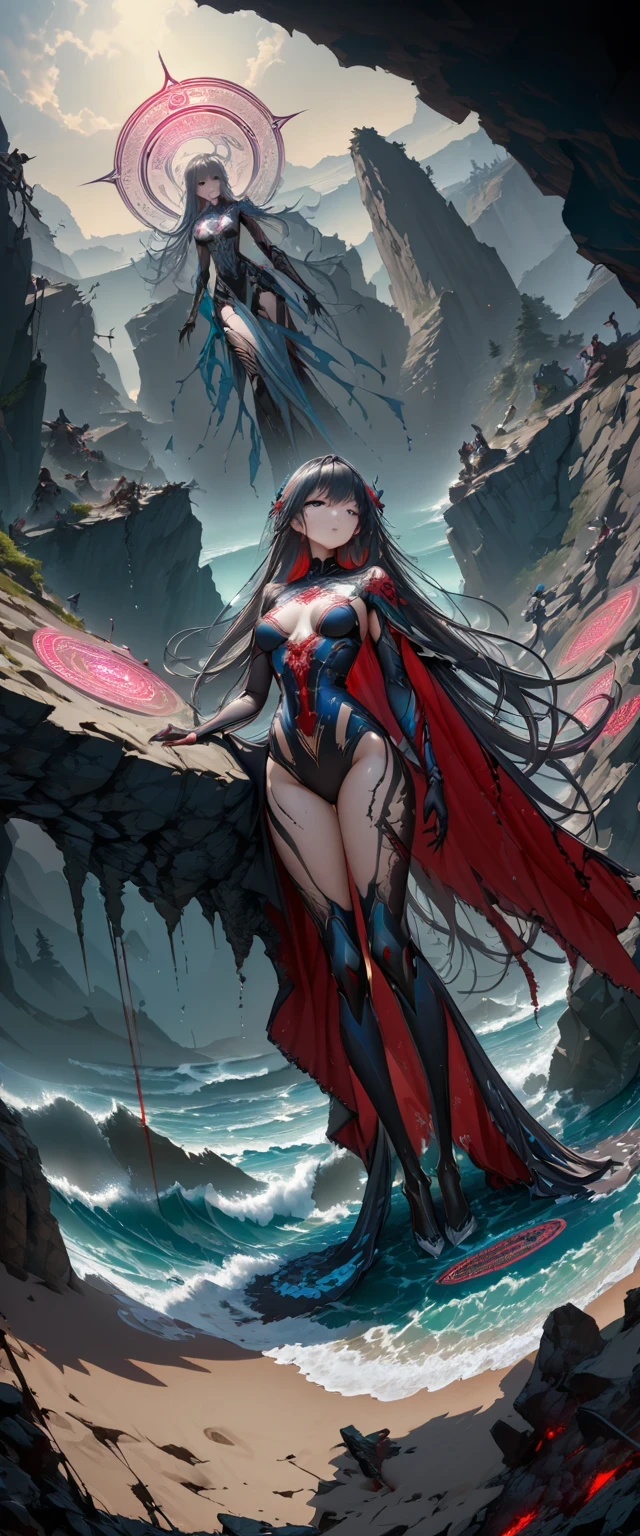 Black、White、Blue and Red,(best quality, Ultra Detailed, high resolution, Extremely detailed CG),Wide-angle lens,Dead angel standing on the edge of a cliff,She is very pretty,She likes blood and the ocean,Blood Rain, mystery,Fanatic, magic circle, Surreal,fine