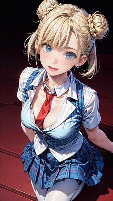 ((highest quality)), ((masterpiece)), (Very detailed), (Very high resolution), ((Realistic)), 8k, Perfect Line Drawing, Beautiful line art,
Anime 2D Rendering, (The best CG), Ultra-detailed art,
One Girl:1.5,
Symmetrical facial features:1.4, Perfect Face, Beautiful clavicle, Beautiful fingers, Beautiful breasts, (Slightly smaller chest),
Beautiful body, Beautiful thighs, Beautiful feet, Perfect round butt, (Detailed skin), (Shiny skin:1.2, Beautiful white skin:1.4),
BREAK Baby Face, cute, 18-year-old,
Double eyelids, Natural eyebrows,
(Expression of fine eyes, Beautiful and delicate eyes, twinkle in the eyes, blue eyes),
Glossy mouth,
Beautiful Hair, Shiny Hair, Hair fluttering, (Blonde, (Double buns on both sides)),
BREAK
((Collared short-sleeved shirt, White shirt, Blue blazer, Blue plaid pleated skirt, Red tie))、((Sheer black pantyhose)、loafers)、
Earrings、
BREAK
(Enchanting、Embarrassed expression、Laughing expression), (Character Focus、breast focus), (Are standing、Turn your face towards me、Look up here、Top view)、classroom