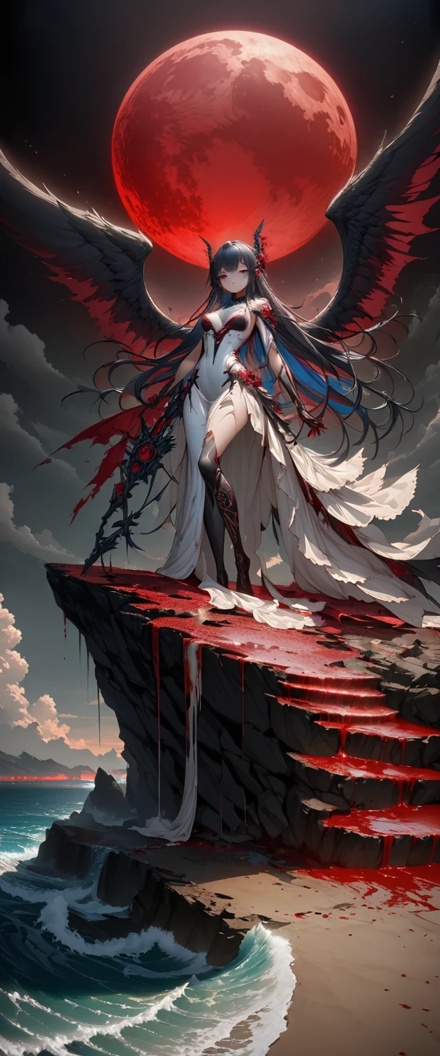 Black、White、Blue and Red,(best quality, Ultra Detailed, high resolution, Extremely detailed CG),Wide-angle lens,Dead angel standing on the edge of a cliff,She is very pretty,She likes blood and the ocean,Blood Rain, mystery,Fanatic, Red Moon, Surreal,fine