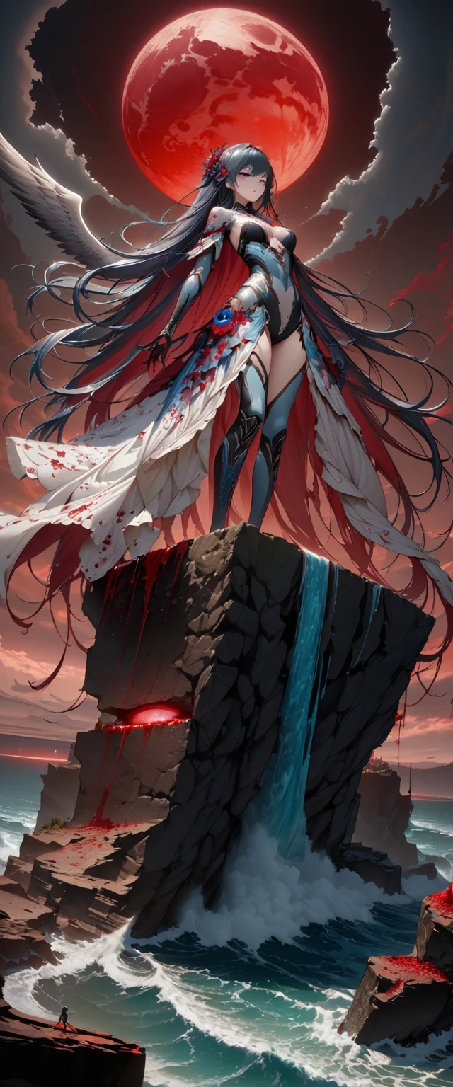 Black、White、Blue and Red,(best quality, Ultra Detailed, high resolution, Extremely detailed CG),Wide-angle lens,Dead angel standing on the edge of a cliff,She is very pretty,She likes blood and the ocean,Blood Rain, mystery,Fanatic, Red Moon, Surreal,fine