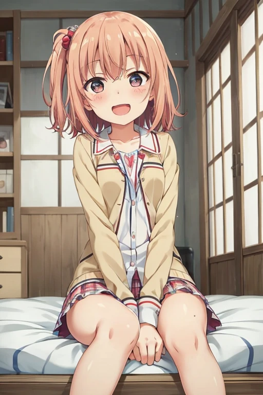 ((highest quality)), ((masterpiece)), (be familiar with), Perfect Face, indoor, Bedroom, Watching the audience,
One woman, Yuigahama Yui,
Open Mouth, Ecstatic expression, blush, smile,
Small breasts, Flat Chest, Young Girl, , , Girl,
Short Hair, Salmon-colored hair, Salmon-colored eyes, Side Pony,
Leg spread,