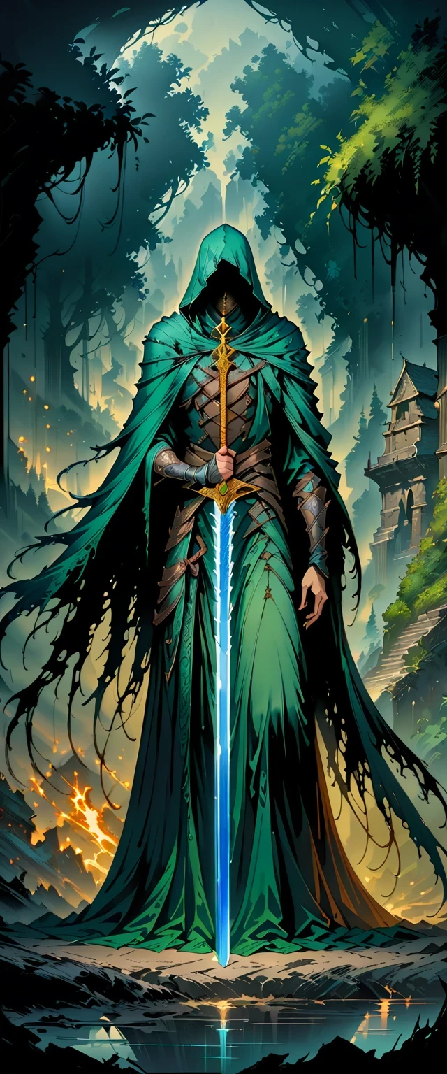 Magic Sword，The legendary Magic Sword，Glory Magic Sword，Magic Sword,Heavy Metal Style，Metal Art，Full of metallic luster，Metal texture in the post-industrial era，Alloy wire crafts，crystal，Emerald setting，Well structured，Perfect craftsmanship，Magic Lightning Background，Blue Lightning，There are fairies，Dark Fantasy Art, dark flower shaman, Dark fantasy concept art, Bloodborne concept art, dark concept art, Diablo digital concept art, Dark Fantasy Art style, dark flowers, Bloodborne Art, photorealistic dark concept art,Dark Fantasy Art, Death Portrait, Onmyoji detailed art, Beautiful wizard, Ominous fantasy illustration，(best quality,4K,8k,high resolution,masterpiece:1.2),Ultra Detailed,(actual,Realistically,Realistically:1.37),landscape,Science fiction,photography,Concept Artist, High Dynamic Range,Ultra HD,Studio Lighting,very good,Key Points,Physically Based Rendering,Extremely detailed description,professional,Vibrant colors,Bokeh.