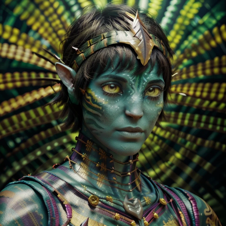 avatar style, (face portrait:1.6), naavi, 1girl, female, (yellow eyes), (big eyes), ((eyebrowless)), pointy ears, (green skin tone:1.0), (straight hair:1.0), brown hair color, ((pixie cut hair)), (young adult), 18 years old, face wrinkles, ((wearing colorful tribal clothing)), (wearing tribal acessories), detailed eyes, toned body, muscled body, vibrant colors, glowing, ethereal atmosphere, surrealistic dreamy lighting, textured skin, otherworldly beauty, mesmerizing photography, (best quality, highres), vivid colors, ultrarealistic, skin details, striped skin, sfw, face close-up:0.5, ultradetailed body, ((forest green skin)), dark background, night time