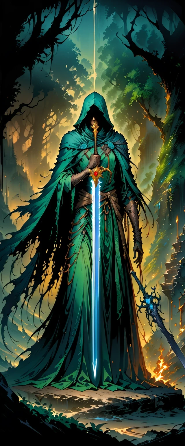 Magic Sword，The legendary Magic Sword，Glory Magic Sword，Magic Sword,Heavy Metal Style，Metal Art，Full of metallic luster，Metal texture in the post-industrial era，Alloy wire crafts，crystal，Emerald setting，Well structured，Perfect craftsmanship，Magic Lightning Background，Blue Lightning，There are fairies，Dark Fantasy Art, dark flower shaman, Dark fantasy concept art, Bloodborne concept art, dark concept art, Diablo digital concept art, Dark Fantasy Art style, dark flowers, Bloodborne Art, photorealistic dark concept art,Dark Fantasy Art, Death Portrait, Onmyoji detailed art, Beautiful wizard, Ominous fantasy illustration，(best quality,4K,8k,high resolution,masterpiece:1.2),Ultra Detailed,(actual,Realistically,Realistically:1.37),landscape,Science fiction,photography,Concept Artist, High Dynamic Range,Ultra HD,Studio Lighting,very good,Key Points,Physically Based Rendering,Extremely detailed description,professional,Vibrant colors,Bokeh.
