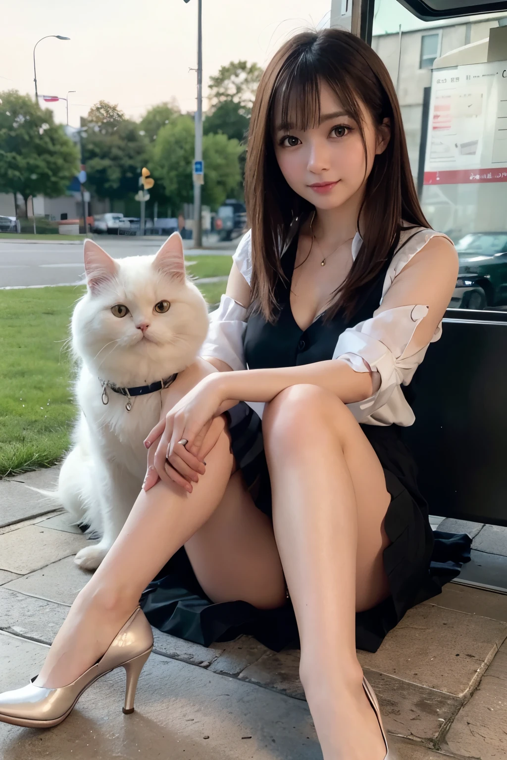 (Realistic, Photorealistic: 1.37), (Masterpiece), (Best Quality: 1.4), (Ultra High Resolution: 1.2), (RAW Photo: 1.2), (Sharp Focus: 1.3), (Facial Focus: 1.2), Elegant, (Full Body: 1.2), Best Quality, Masterpiece, (Realism: 1.2), A Girl, Brown Hair, Brown Eyes, Frontal, Detailed Face, Beautiful Eyes, Pleated Mini-Skirt , Sitting at a Bus Stop (1.5), Biting Smile, Lots of Eyelashes, High Heels, very pretty, white Persian cat,