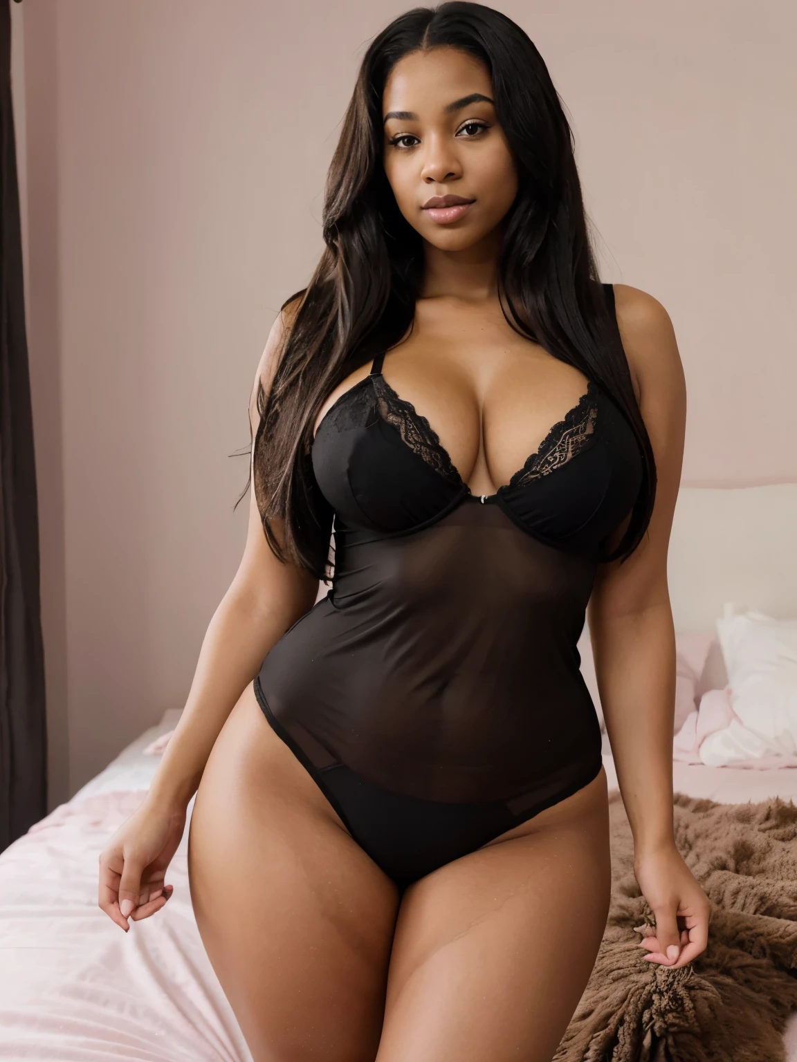 Mixed black ethnicity, curvy girl , long hair , wearing sexy pink lingerie