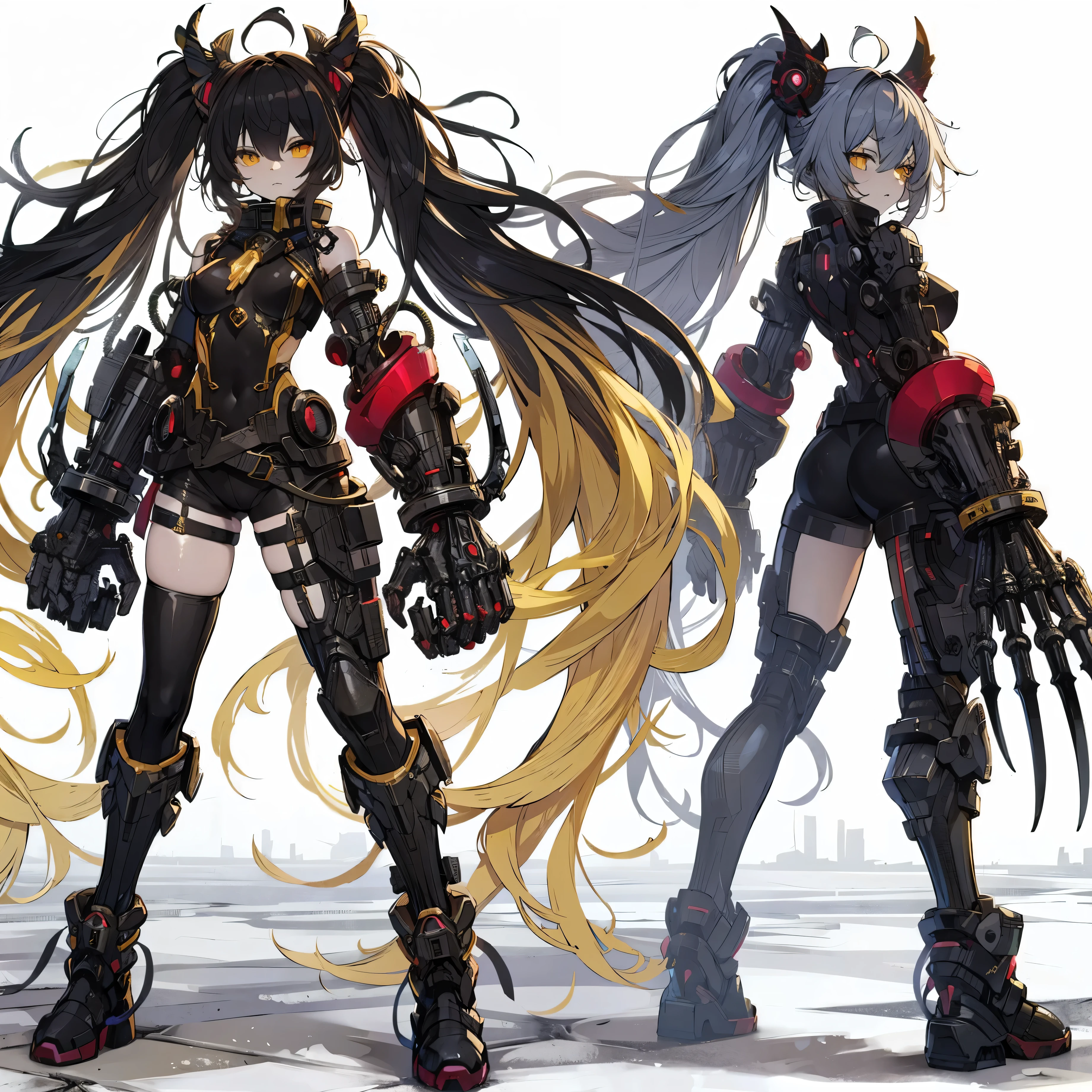 (Masterpiece, top quality), (detailed hair), super detailed, anime style, full body, solo, concept art, science fantasy-fighter girl, one topknot black hair mixed with yellow hair, gold eyes, right hand converted to cybernetic terrifying claw. cyber-suits, and red muffler, cyber horned, wearing long boots, white background, whole body, standing in wasteland,
