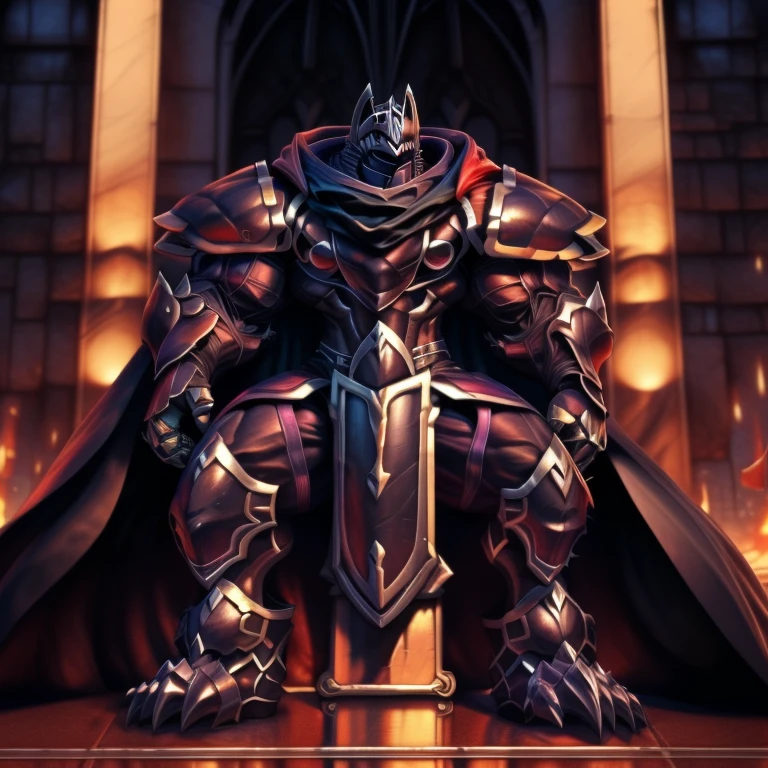 (masterpiece, best quality, detailed:1.2) (Pokémon) LUCARIO, detailed full body, a knight's mechanical armor, glowing wide and heavy armor, wears full body armor. massive muscles, huge pecs, chiseled abs, huge pectorals, exaggeratedly huge muscles. wearing a cloak. unusually developed muscular body big muscle, pecs, triceps, traps, waist narrow, unusually developed muscular body, Dark knight, BlackKnight_fe, The claws are sharp, Sharp teeth, He wears a black cloak on his back. sitting on the throne,