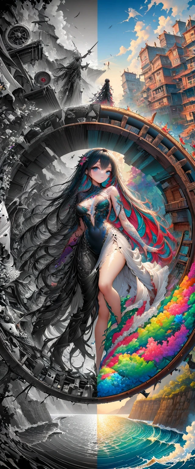 Black、White、Blue and Red,(best quality, Ultra Detailed, high resolution, Extremely detailed CG),Wide-angle lens,Dead angel standing on the edge of a cliff,She is very pretty,She likes blood and the ocean,Blood Rain, mystery,Fanatic, Wheel within wheel, Surreal,fine，The artwork should transition from a pencil drawing style in Black and white on the left half to vibrant colors on the right half, Ensure seamless integration of the two halves，No dividing line, The scenes on both sides are exactly the same, with the left side featuring detailed Black and white pencil strokes and the right side filled with colors, Create a fusion