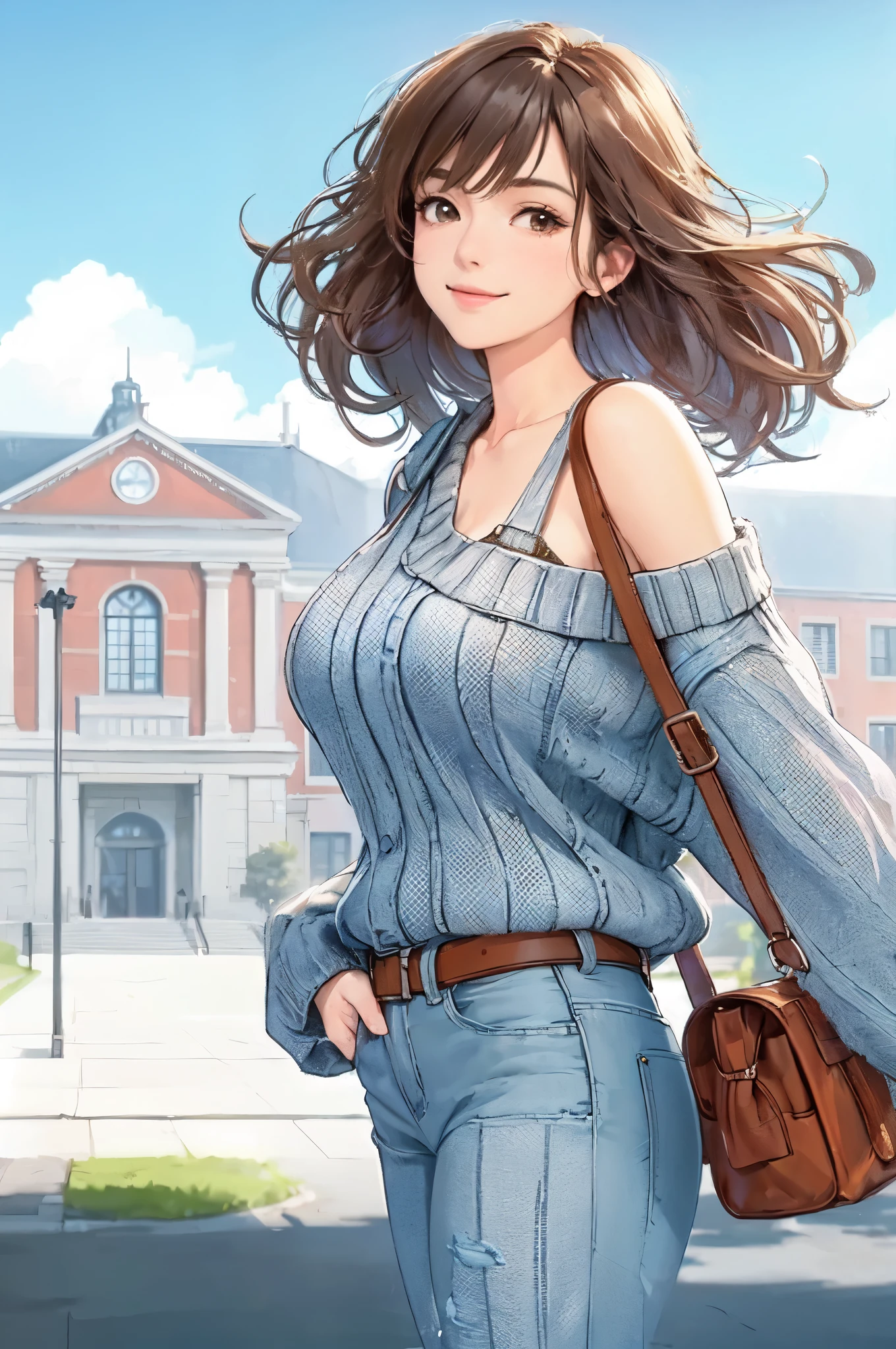 1lady solo, (strolling through university campus), stylish (refreshing knit) (denim pants), mature female, /(brown hair/) bangs, kind smile, (masterpiece best quality:1.2) delicate illustration ultra-detailed, large breasts, (holding casual bag) BREAK (general university campus) outdoors, noon, detailed background
