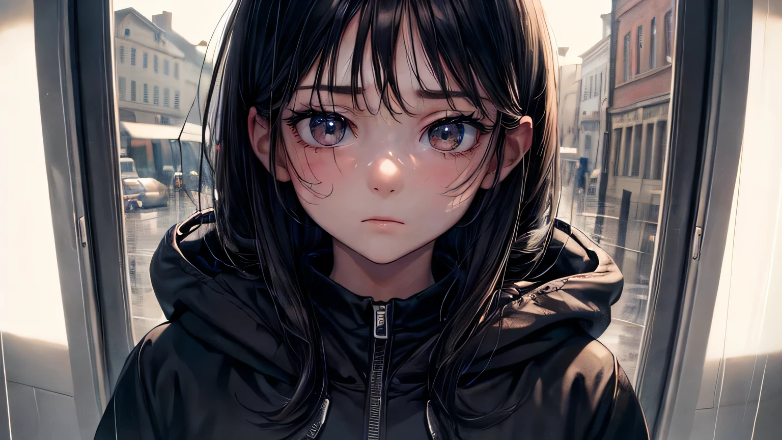 (oil, masterpiece, highest quality, Super detailed, Focus on the characters), girl、Sad expression、Detailed facial expression depiction，Detailed hair depiction,([return:0.8]|[ face facing returnwards:1.1]), 
Large hoodie,([Rainy Town Scenario:1.2]|[ ground:1.3]| [High Contrast:1.1])  