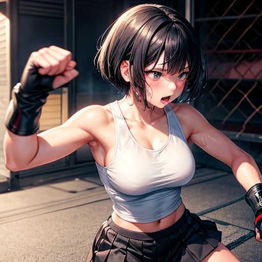 Cute Japanese high school girl with short-cut black hair. She practices counter-punching at a mixed martial arts gym. Very sweaty, out of stamina, slender body, poor body, poor breasts, t-shirt, spats, open finger gloves.