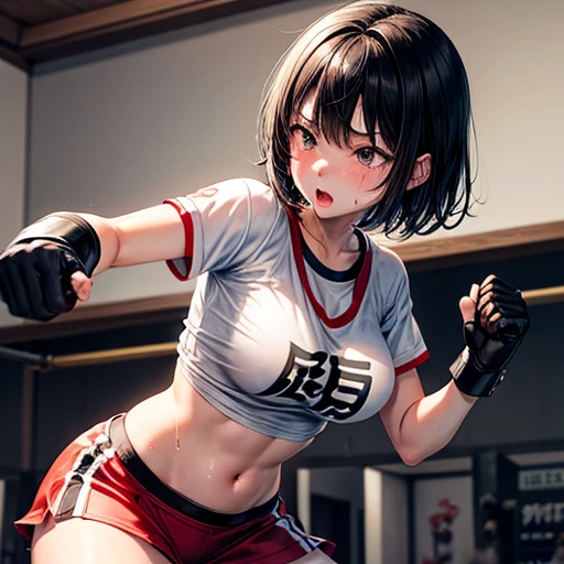 Cute Japanese high school girl with short-cut black hair. She practices counter-punching at a mixed martial arts gym. Very sweaty, out of stamina, slender body, poor body, poor breasts, t-shirt, spats, open finger gloves.