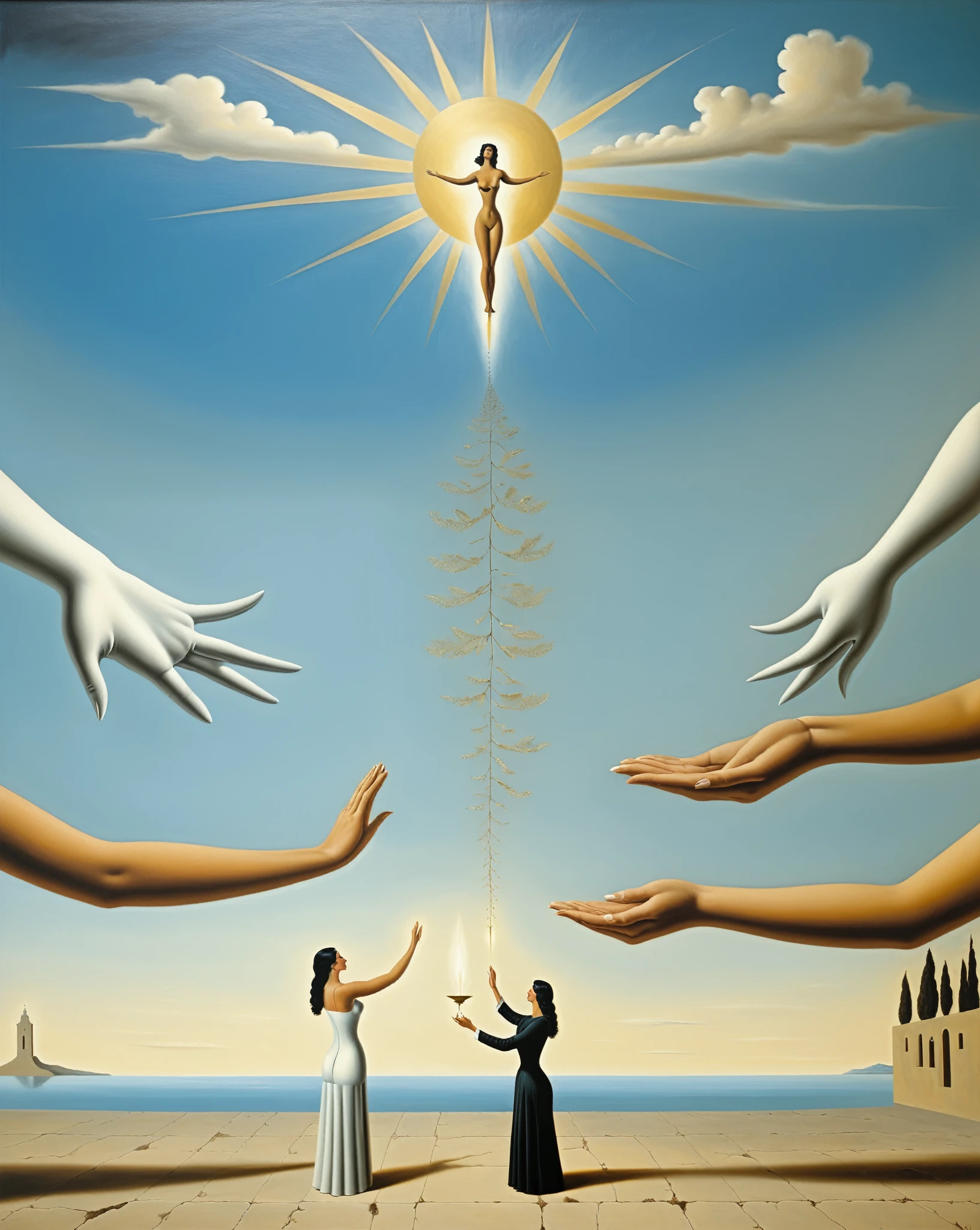 black haired woman, giving healing energy with her hands to a layed person - surrealist style, surrealist artwrok, dream like, Salvador Dali style, Rene Magritte style, highly detailed, masterpiece, painting-like, HD