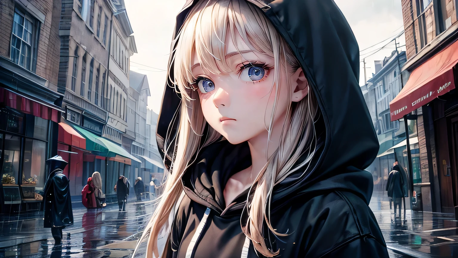(oil, masterpiece, highest quality, Super detailed, Focus on the characters), girl、Sad expression、Detailed facial expression depiction，Detailed hair depiction,([return:0.8]|[ face facing returnwards:1.1]), 
hoodie,([Rainy Town Scenario:1.2]|[ ground:1.3]| [High Contrast:1.1])  