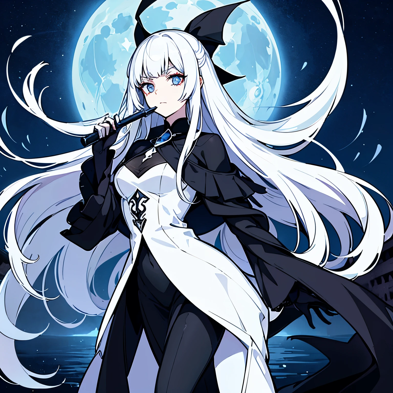 Moon, tall and wise woman, shrouded in mystery, gracefully stood on the endless shore of the black ocean. Her pale silhouette was illuminated by moonlight. She held an ice sword in her hand, like a work of art. Her face, full of expression and depth, it looked like a silhouette, emerging from the center of darkness. Her eyes are the reflection of the moon, reflective awareness of suffering. There is a clearly visible scar on one eye. Her thin eyebrows add emphasis, and long, flowing bright silver hair, falling over the shoulder, contrast with the dark background. She was dressed in a male pirate captain's outfit. A silver ring sparkled on her finger.