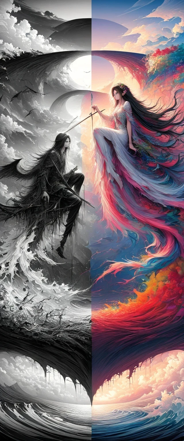 Black、White、Blue and Red,(best quality, Ultra Detailed, high resolution, Extremely detailed CG),Wide-angle lens,Dead angel standing on the edge of a cliff,She is very pretty,She likes blood and the ocean,Blood Rain, mystery,Fanatic, Wheel within wheel, Surreal,fine,The artwork should transition from a pencil drawing style in Black and white on the left half to vibrant colors on the right half, Ensure seamless integration of the two halves,No dividing line, The scenes on both sides are exactly the same, with the left side featuring detailed Black and white pencil strokes and the right side filled with colors, Create a fusion