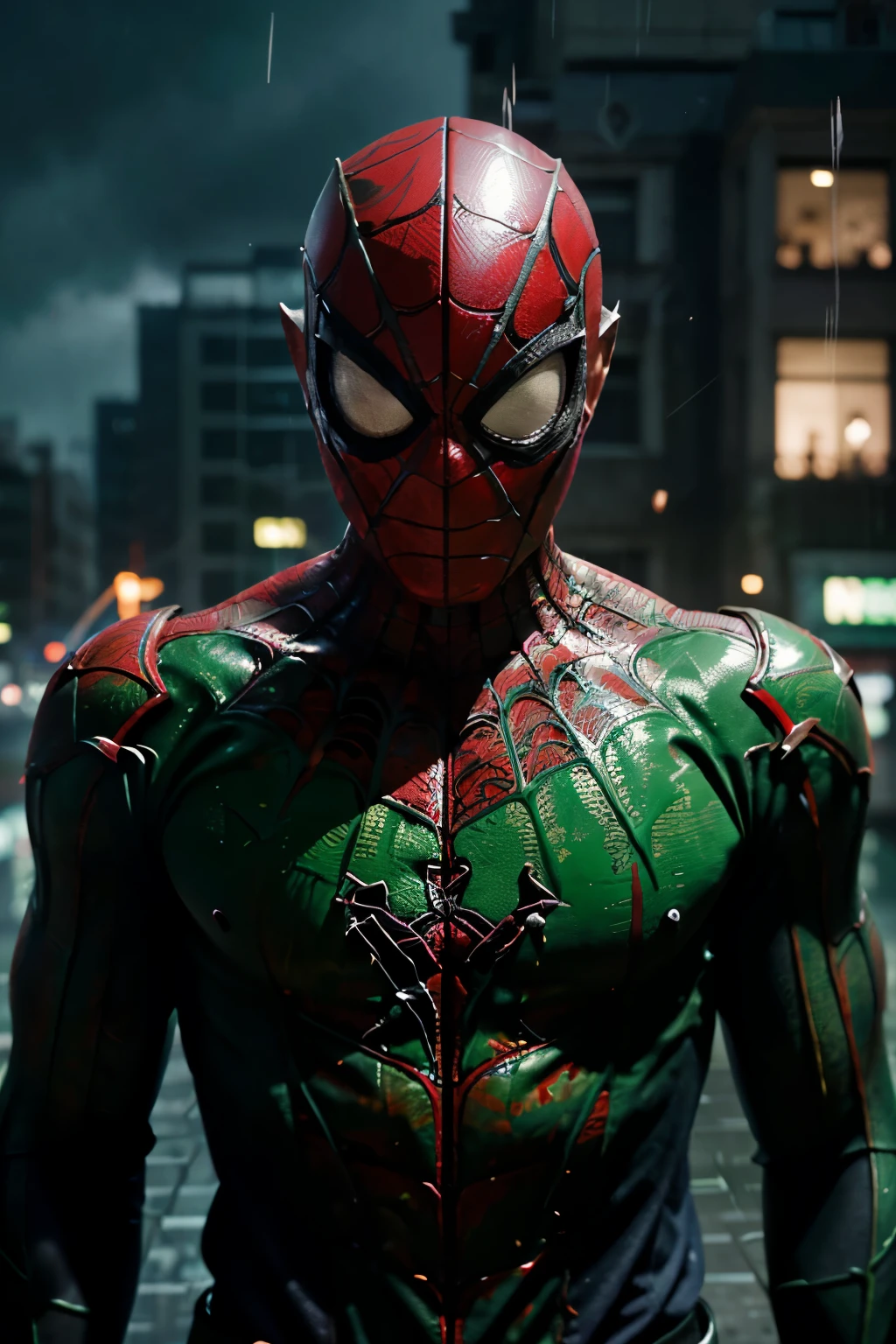 Green-Spiderman mixed with green goblin as one character, robot armor, Miles Morales, perfect lighting, head picture, look at camera, with a broken mask, Night, Hard Rain, ultra realistic 4k, award-winning digital art, (extremely detailed: 1.5), (soft lighting:1.2), high town background. Text Spiderman