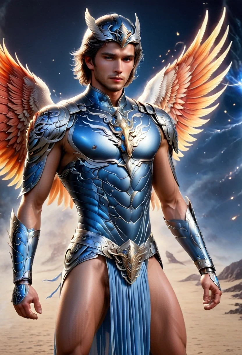 whole body photorealistic handsome Hunky man with Phoenix themed blue and silver  light armor, Saint Seiya style helmet and skirt, Shirtless, whole body, best quality, master, Realistic face, best quality, Portrait of a boy, True-to-life 4K, 18K, Tornadoes and smoke everywhere
