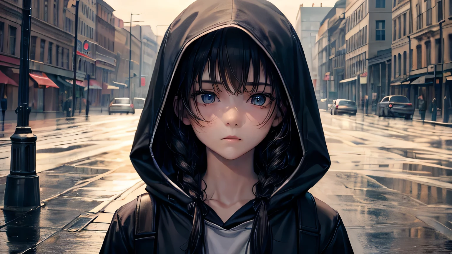 (oil, masterpiece, highest quality, Super detailed, Focus on the characters), girl、Sad expression、Detailed facial expression depiction，Detailed hair depiction,([return:0.8]|[ face facing returnwards:1.1]), 
hoodie,([Rainy Town Scenario:1.2]|[ ground:1.3]| [High Contrast:1.1])  