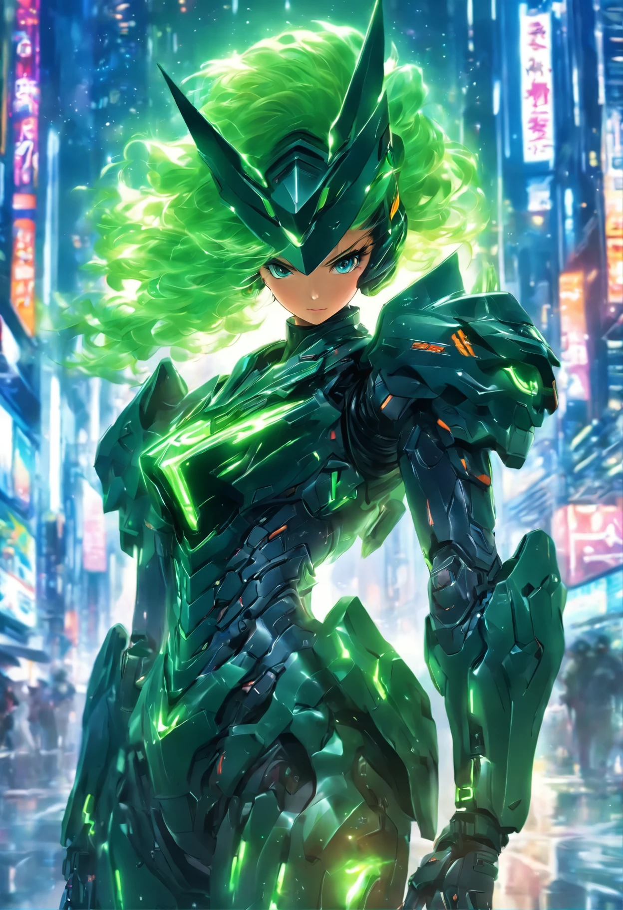 Highest image quality, Outstanding details, Ultra-high resolution, (realism: 1.4), Best example, Favor the details, Highly concentrated 1girl, Beautiful face, Wearing black and green armor, Wearing a mecha helmet, Holding the directional controller, Riding a motorcycle, The background is a high-tech light scene of a futuristic city.