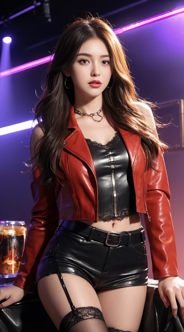 1womanl、(Super beautiful)、(ultra beautiful faces)、(A detailed face)、(Red mesh hair on black hair)、heavy metal、musicians、spreads her legs、(Steampunk fashion)、(rider'Studded jacket&Studded leather mini skirt:1.1)、(Small white lace sheer panties are visible from under the skirt:1.2)、(Cameltoe)、Large exposed cleavage、high-heels、(Summer Sonic)、Rock Live Stage、At SFW