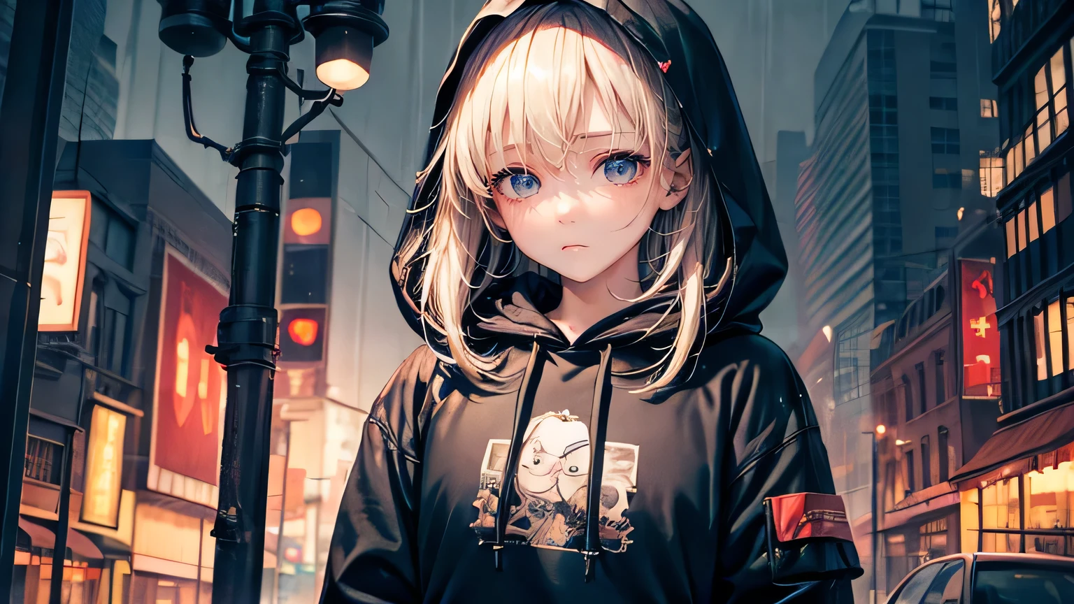 (oil, masterpiece, highest quality, Super detailed, Focus on the characters), girl、Sad expression、Detailed facial expression depiction，Detailed hair depiction,([return:0.8]|[ face facing returnwards:1.1]), 
hoodie,neon,([Rainy city at night scenario:1.2]|[ ground:1.3]| [High Contrast:1.1])  