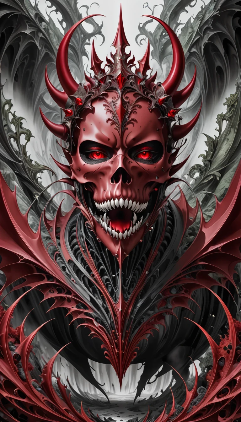 (Nick Vesey style:1.3),Demon Crown,(Mysterious landscape),[There is a lot of suspense],fantasy,dark,Dark,atmosphere,Dark,(Magical stone showing modern technology model),Put the audience into a state of numbness and indifference,(Demon Crown:1.3),(King of dangerous beasts:1.2),(Transformed by future technology:1.2),(Red Crimson Palette:1.2),(Fractal Art:0.9),
