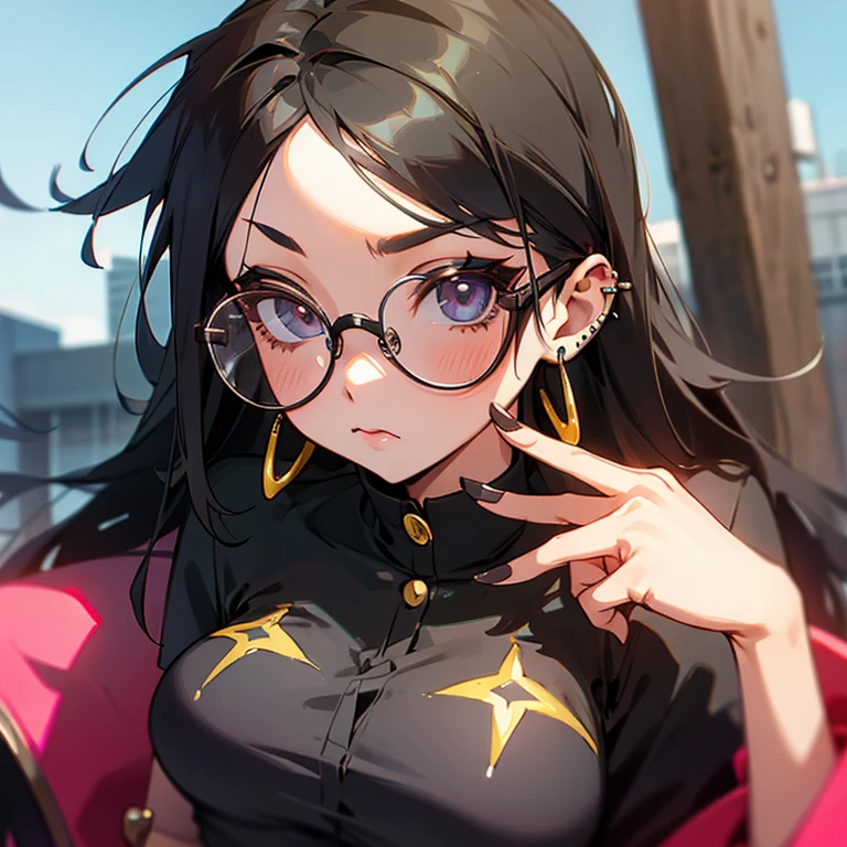 A girl with glasses and piercings in the aer