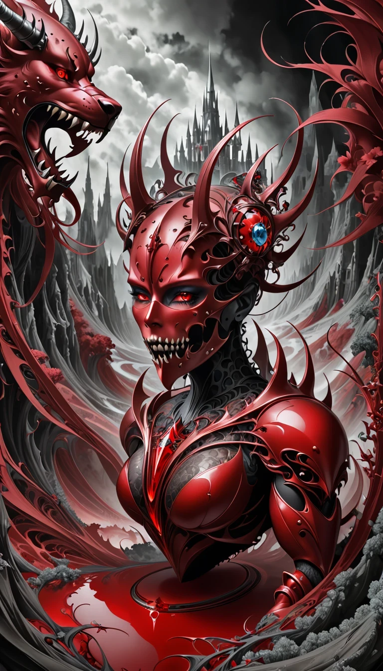 (Nick Vesey style:1.3),Demon Crown,(Mysterious landscape),[There is a lot of suspense],fantasy,dark,Dark,atmosphere,Dark,(Magical stone showing modern technology model),Put the audience into a state of numbness and indifference,(Demon Crown:1.3),(King of dangerous beasts:1.2),(Transformed by future technology:1.2),(Red Crimson Palette:1.2),(Fractal Art:0.9),

