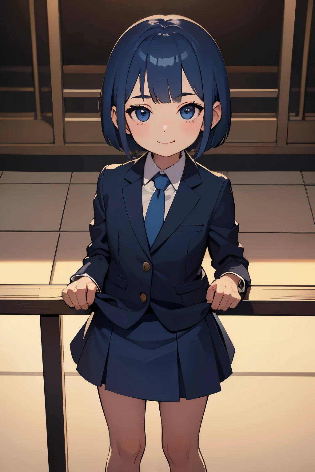 masterpiece, best quality, extremely detailed, detailed background, a girl, blue hair, short bob cut, business suit, skirt lift, shy smile, under below, diaper, (child:1.5)