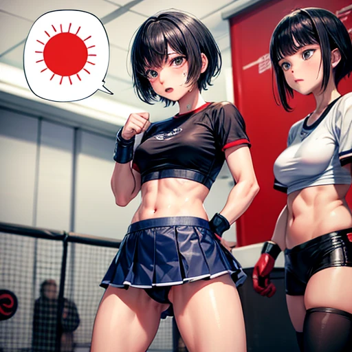 Cute Japanese high school girl with short-cut black hair. She practices counter-punching at a mixed martial arts gym. Very sweaty, out of stamina, slender body, poor abs, small breasts, t-shirt, spats, open finger gloves.