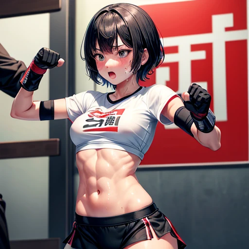 Cute Japanese high school girl with short-cut black hair. She practices counter-punching at a mixed martial arts gym. Very sweaty, out of stamina, slender body, poor abs, small breasts, t-shirt, spats, open finger gloves.