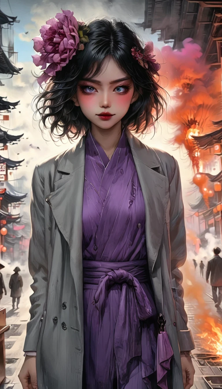 Dark and Torn, ung, beautiful, muscular body, Fierce expression, Holding a gun, (The color of your clothes, warmth of, orange, of, Purple:1.3), Standing on the desolate wasteland, Dramatic Lighting, Strong shadow, Sandy texture, High contrast, Bright colors, Dynamic poses, Powerful posture, Rough background, Explosive gas, Dystopian Themes, Surreal elements, Digital Illustration, High definition resolution, Complexity of details, Drama, Avant-garde and chaotic brushstrokes, Gothic style, Strong emotions, Epic, Raw and gritty feeling, Fascinating and provocative work of art..