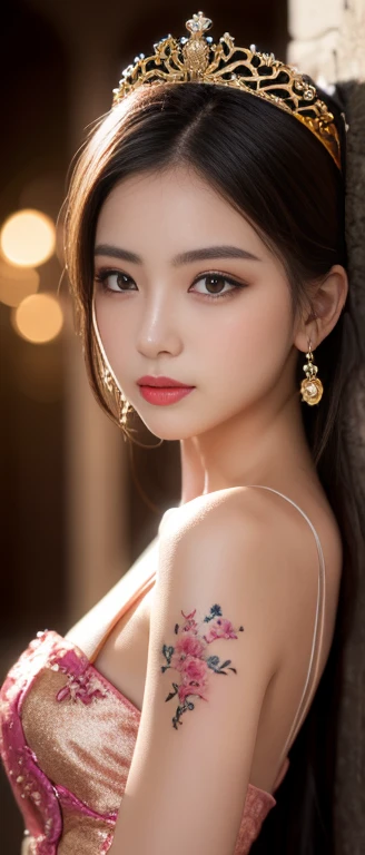 Portrait of a 21 year old saint,Charming aldult saint in a long dress made of thin silk, beautiful saint with an old Face, aldult, She was wearing a bright pink colored dress:1.5, beautiful Face without blemishes, ((Hair length 7 colors:1.2)), Big Crown, Hair accessories, Hanfu, Chinese ancient style, Body jewelry, 額のTattoo, FaceのTattoo,Very even breasts, Face, innocent Face, The most beautiful and delicate light pink lipstick, ((Thin, plump lips:0.3)), ((golden eye color:0.6)), Delicate lighting effects, Light and Dark, Dramatic Lighting, Magic Light, Highly detailed lighting, Natural Colors, Extremely sharp, Practical, 8K picture quality, Fantasy space background, A space of saints and magic, The most detailed image, ((Solitary:0.3)), ((to the saints:0.6)), ((saintを真っ直ぐ見つめる'Upper Body:0.4)), ((Smooth skin:0.5)), ((saint'veil:0.6)),Tattoo , フェイスTattoo,Oiran , Clothes made of jewelry , Cherry blossoms , 🌸 , grassland , Close your eyes and sleep on the chair.:1.5