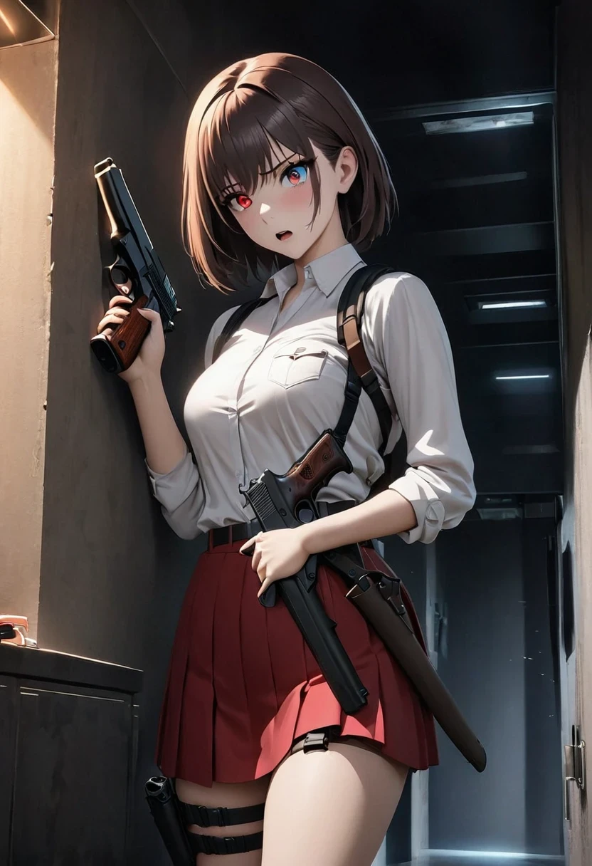 Anime Reality,Soft Light, masterpiece, best quality,high quality,Delicate face,1 Girl,whole body, permanent,In a dark room,
resident Evil, there is someone there, 1 Girl, Beretta 92, blue eyes, breast, skirt,hair behind ear, pistol, Heterochromia, Holding a gun,  gun holster, knife, Laser sight, medium breast, Open your mouth, red skirt, Red Eyes, sheath, sheathed, short hair, Dentate skin,  thigh gun holster, Thigh straps