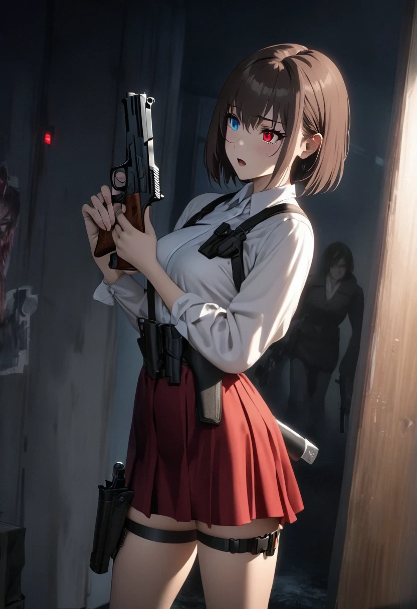 Anime Reality,Soft Light, masterpiece, best quality,high quality,Delicate face,1 Girl,whole body, permanent,In a dark room,
resident Evil, there is someone there, 1 Girl, Beretta 92, blue eyes, breast, skirt,hair behind ear, pistol, Heterochromia, Holding a gun,  gun holster, knife, Laser sight, medium breast, Open your mouth, red skirt, Red Eyes, sheath, sheathed, short hair, Dentate skin,  thigh gun holster, Thigh straps